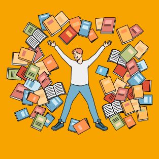 Tekening van liggende jongeman met boeken